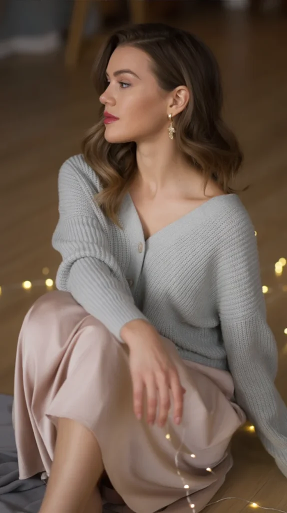 Cashmere Sweater and Satin Midi Skirt