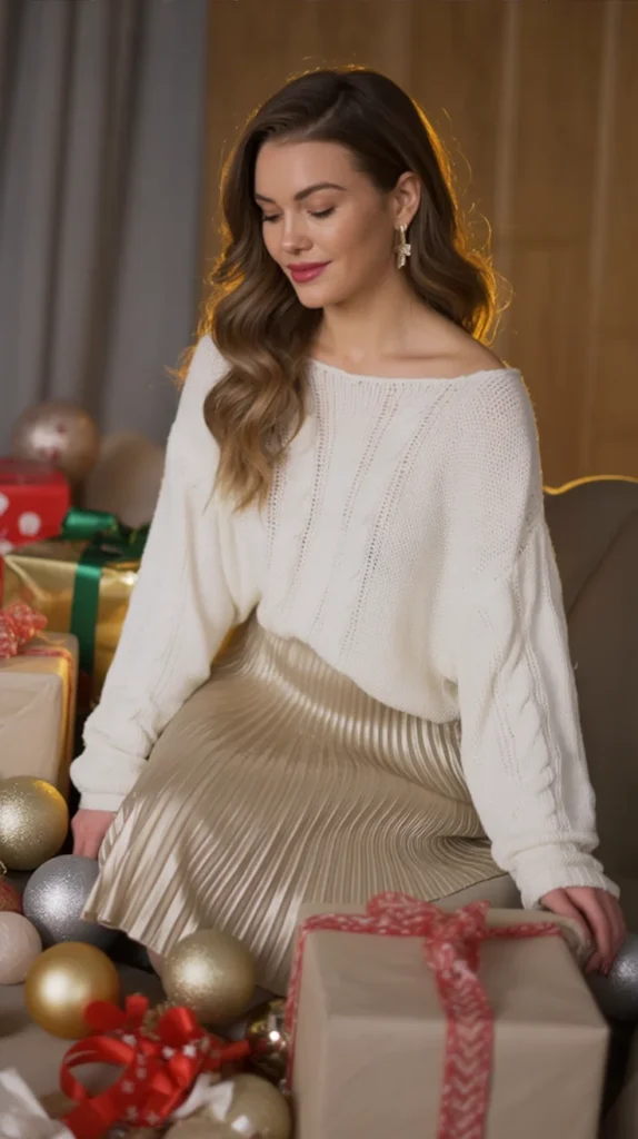White Knit Sweater with Metallic Skirt