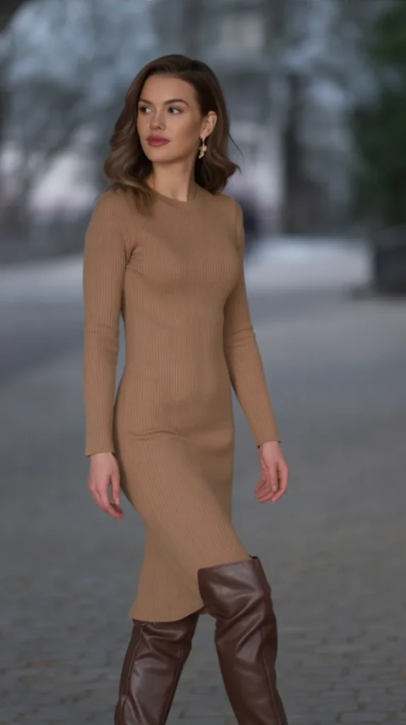 Knit Midi Dress with High Boots