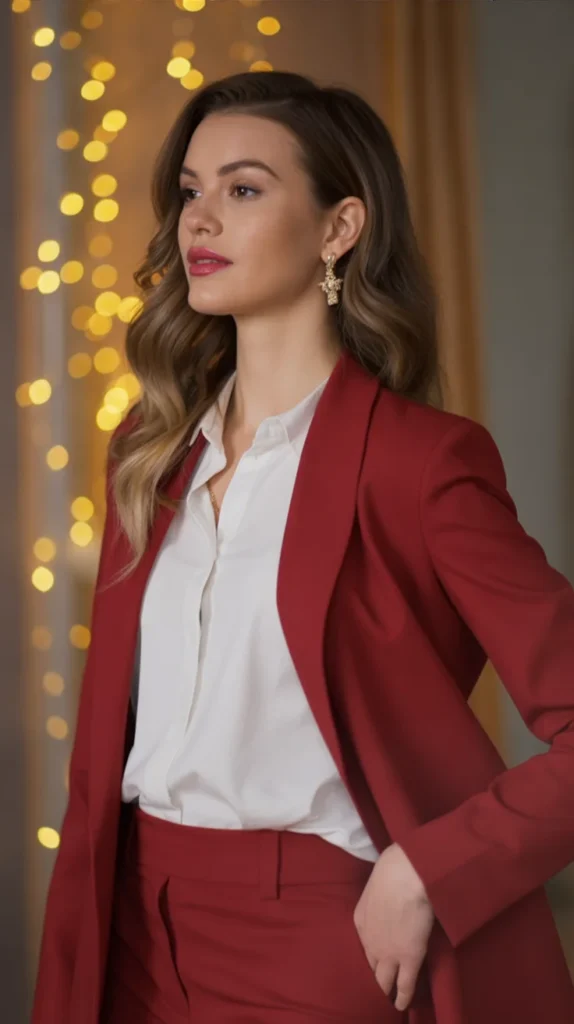 Festive Red Blazer with White Pants