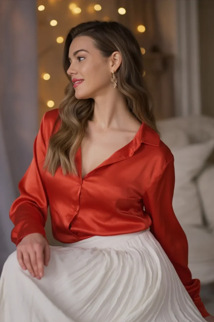 Bright Red Silk Blouse and White Skirt