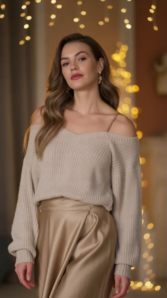 Off-Shoulder Knit Top with Midi Skirt