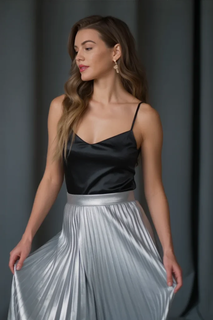 Silver Pleated Skirt with Black Turtleneck