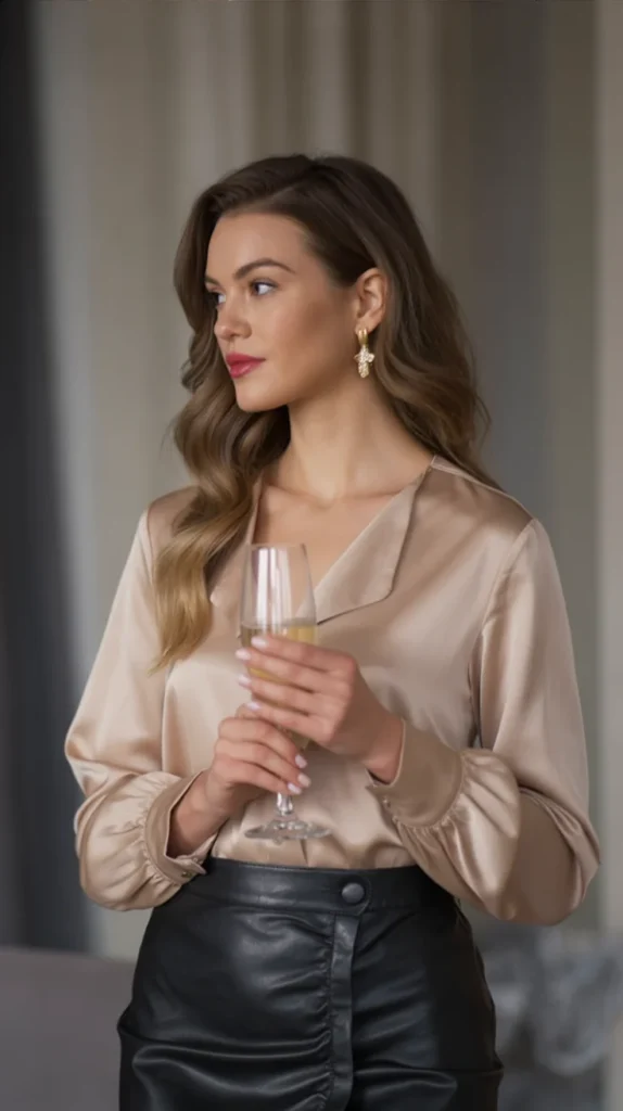 High-Waisted Leather Skirt and Blouse