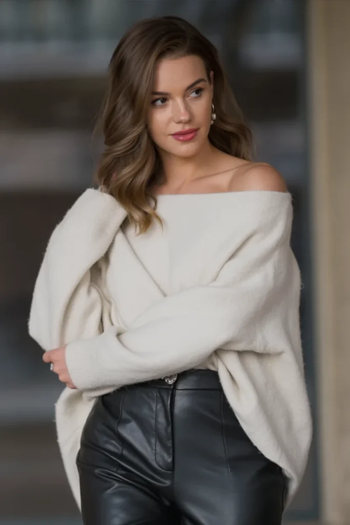 White Wool Sweater and Black Leather Pants