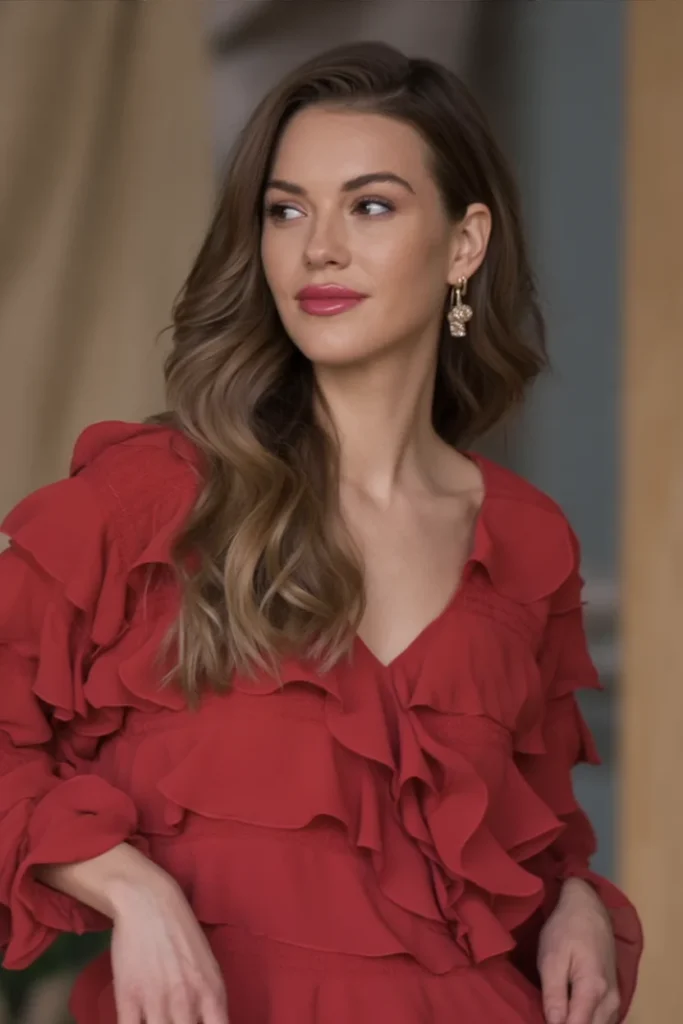 Ruffled Red Dress with Puffy Sleeves