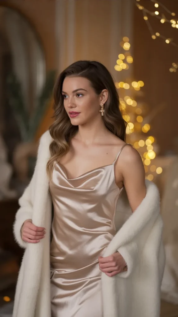 Champagne Satin Slip Dress with Shawl