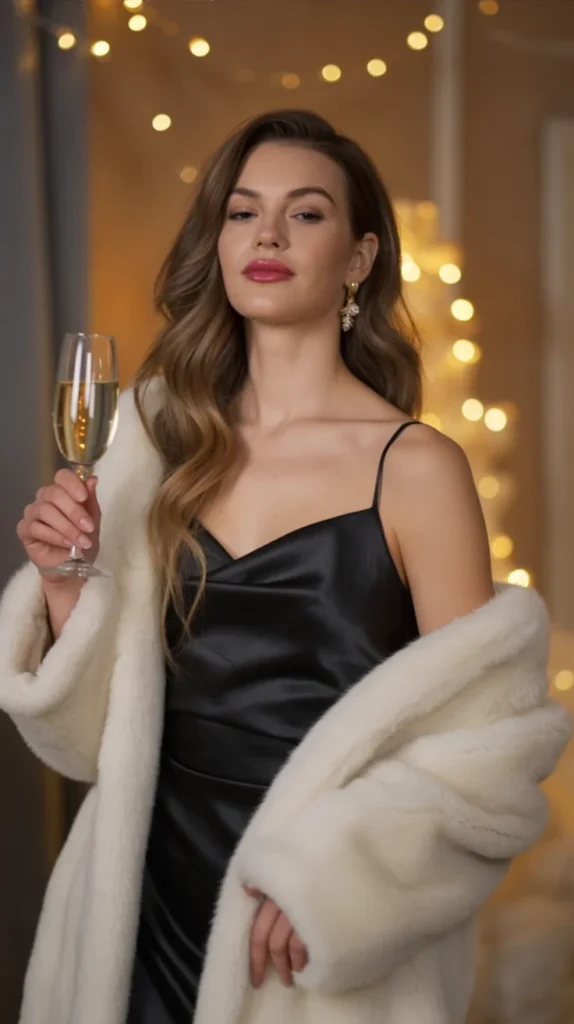 Black Satin Slip Dress with Fur Stole