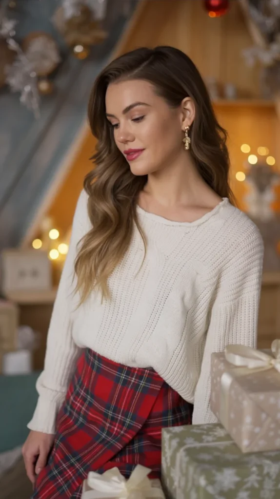 Plaid Mini Skirt with Knit Turtleneck