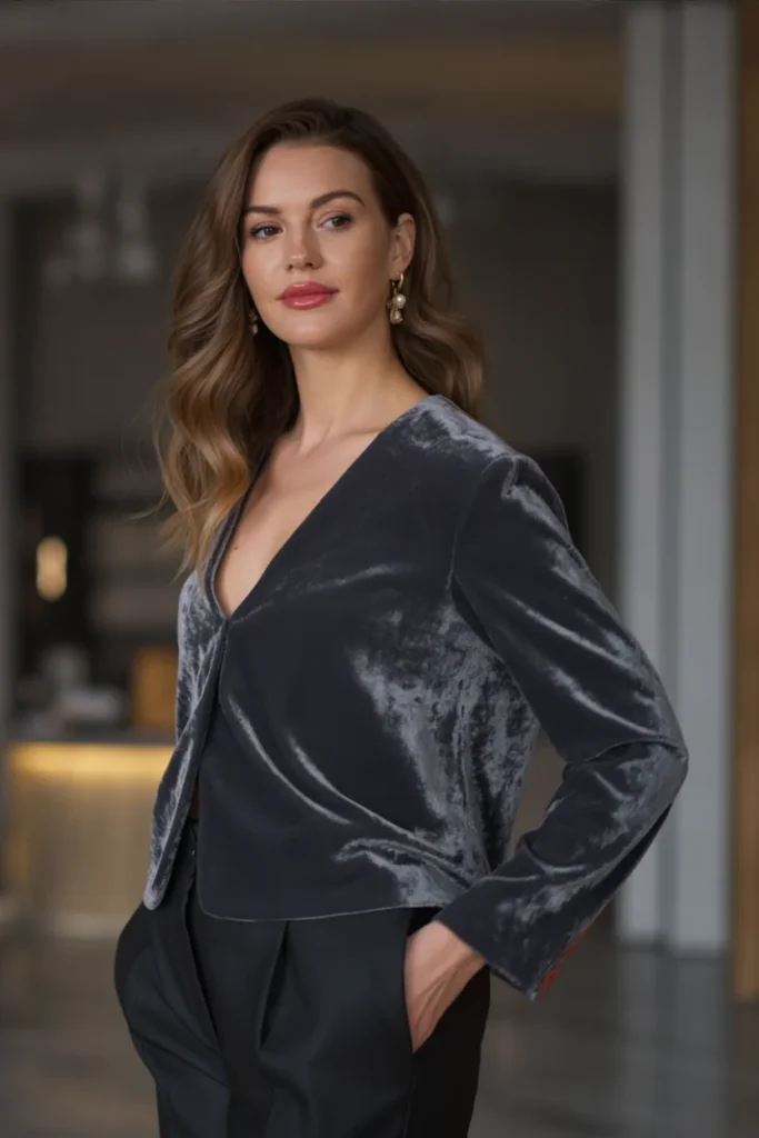 Velvet Blazer and Black Pants
