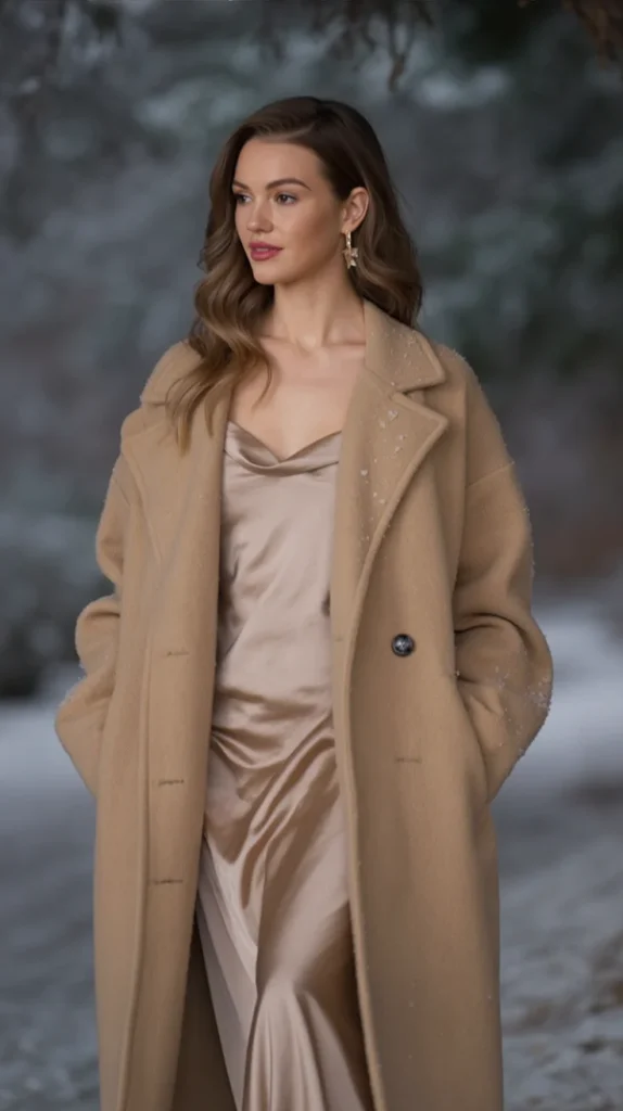 Long Wool Coat over a Slip Dress