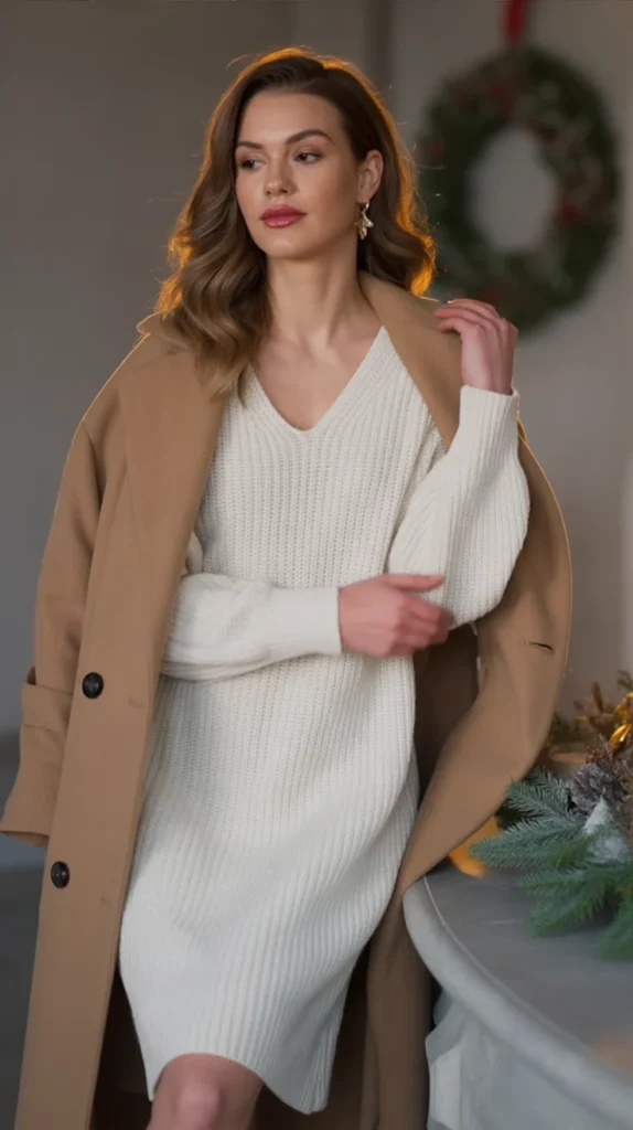White Knit Dress with Camel Coat