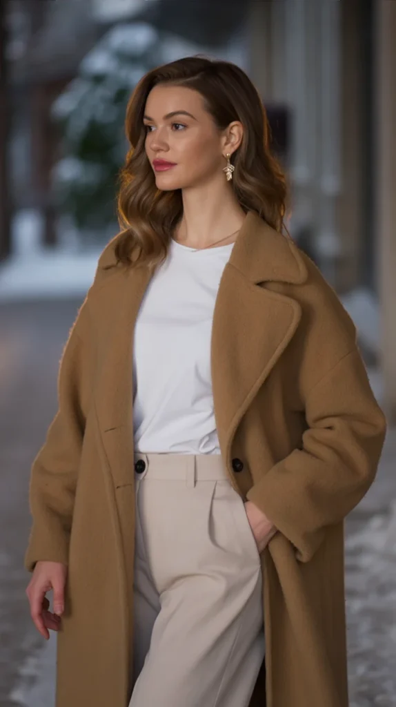 Brown Wool Coat over Neutral Layers