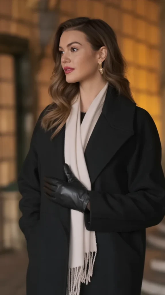 Long Black Coat with White Scarf