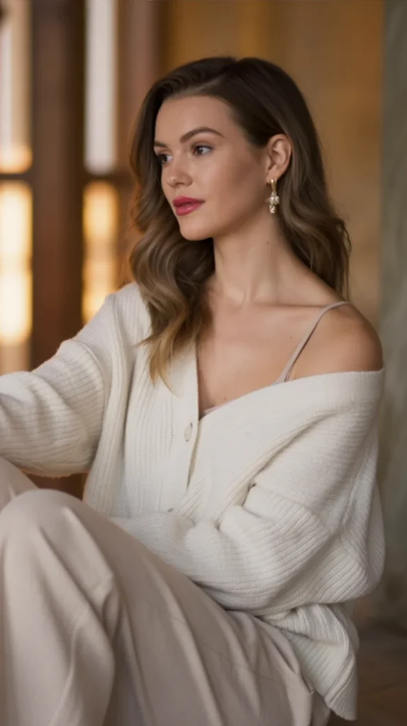 Off-White Cardigan and Beige Trousers