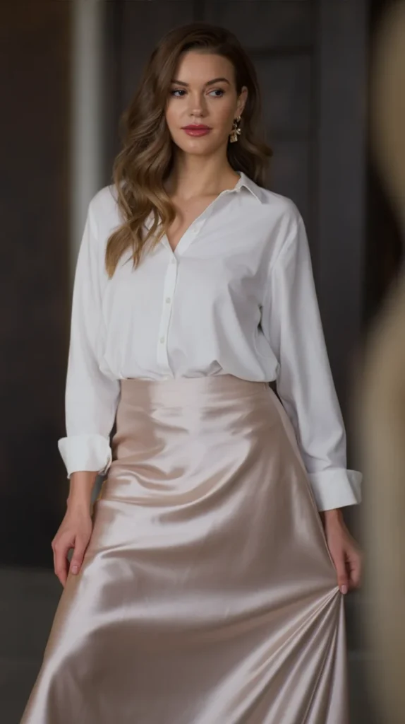 White Button-Down and Satin Skirt