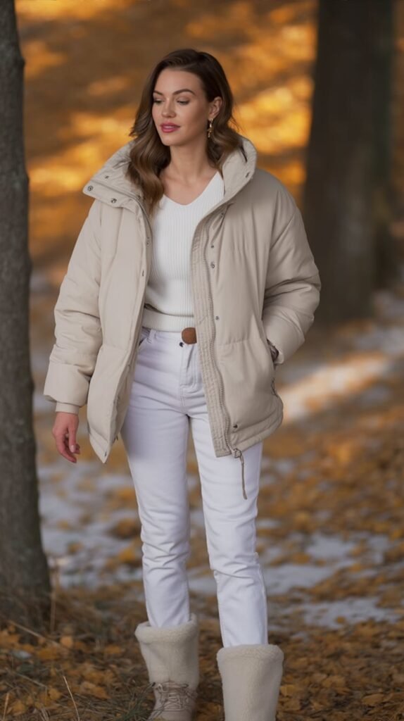 All-White Puffer & Denim Look