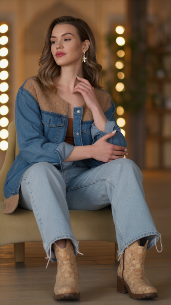 Cork-Heeled Boots and Upcycled Denim Jacket