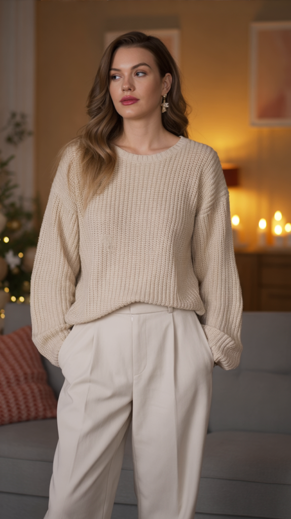 Cream Cashmere Sweater & Wide-Leg Trousers