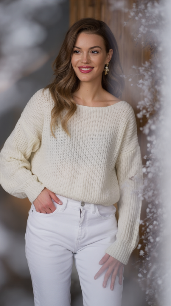 Cream Knit Sweater and White Jeans Combo