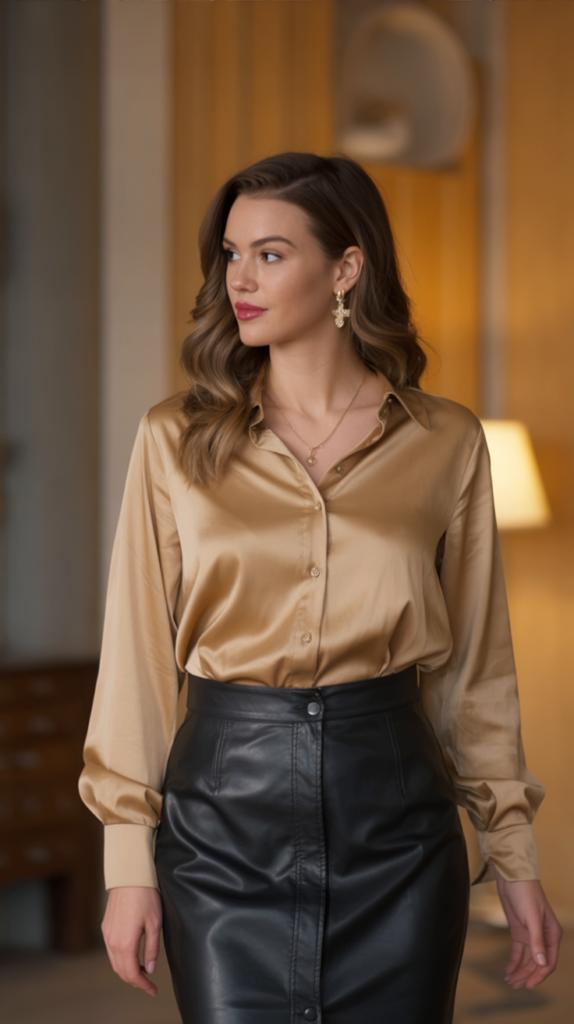 Gold Blouse and Leather Skirt
