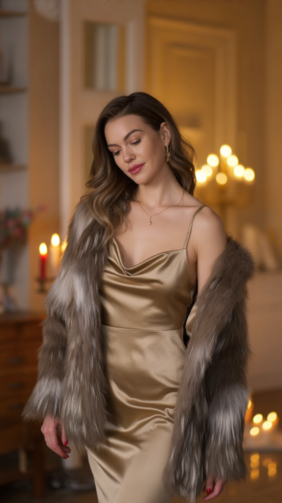 Gold Midi Dress with Faux Fur Jacket