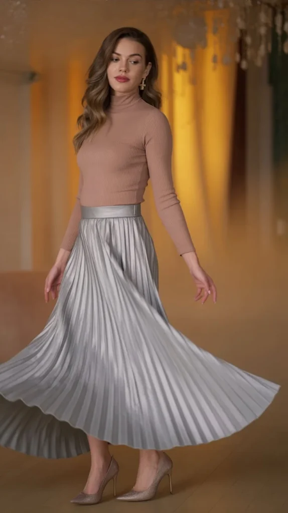 Metallic Pleated Midi Skirt