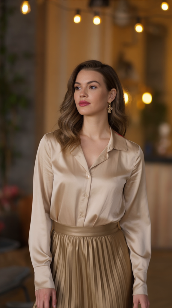 Metallic Pleated Skirt and Blouse