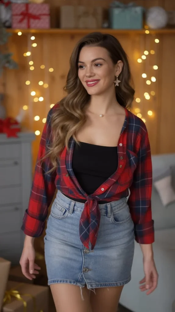Plaid Flannel Shirt and Denim Skirt