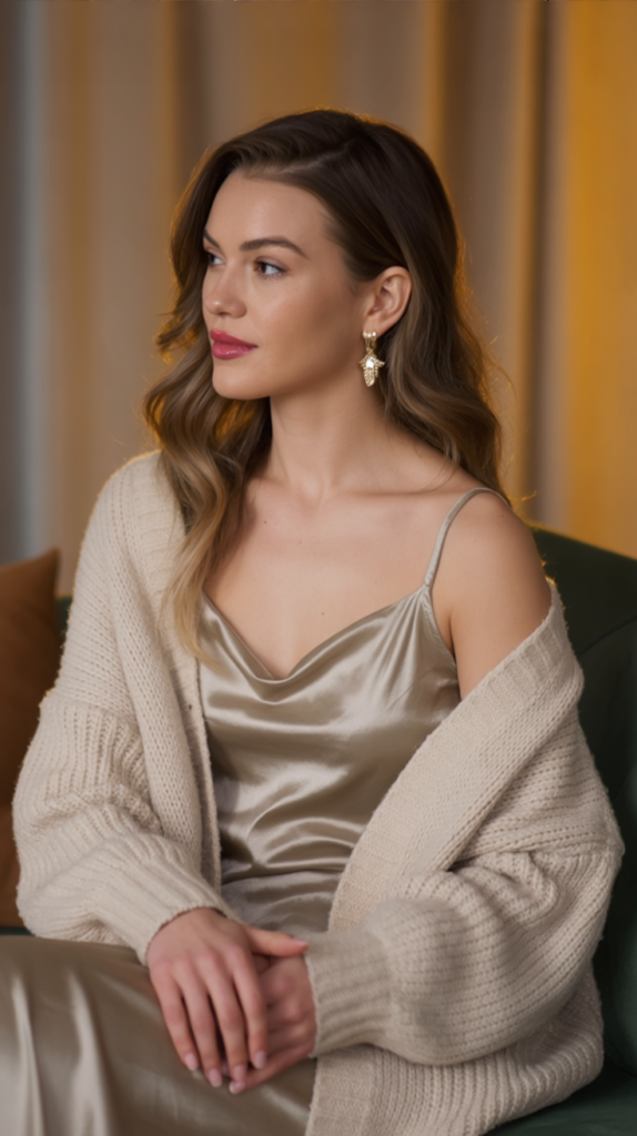 Satin Slip Dress with Knit Cardigan