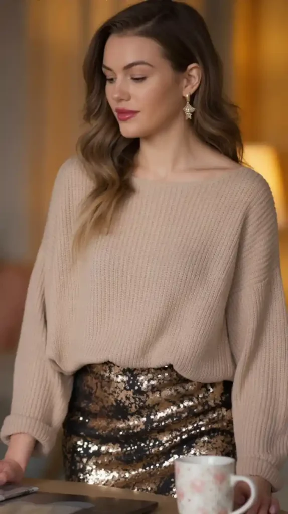 Sequin Midi Skirt with Neutral Knit