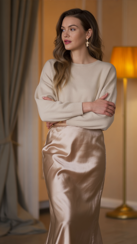 Silk Midi Skirt & Tucked Sweater