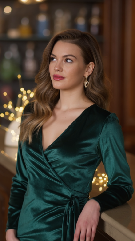 Velvet Wrap Dress in Emerald Green