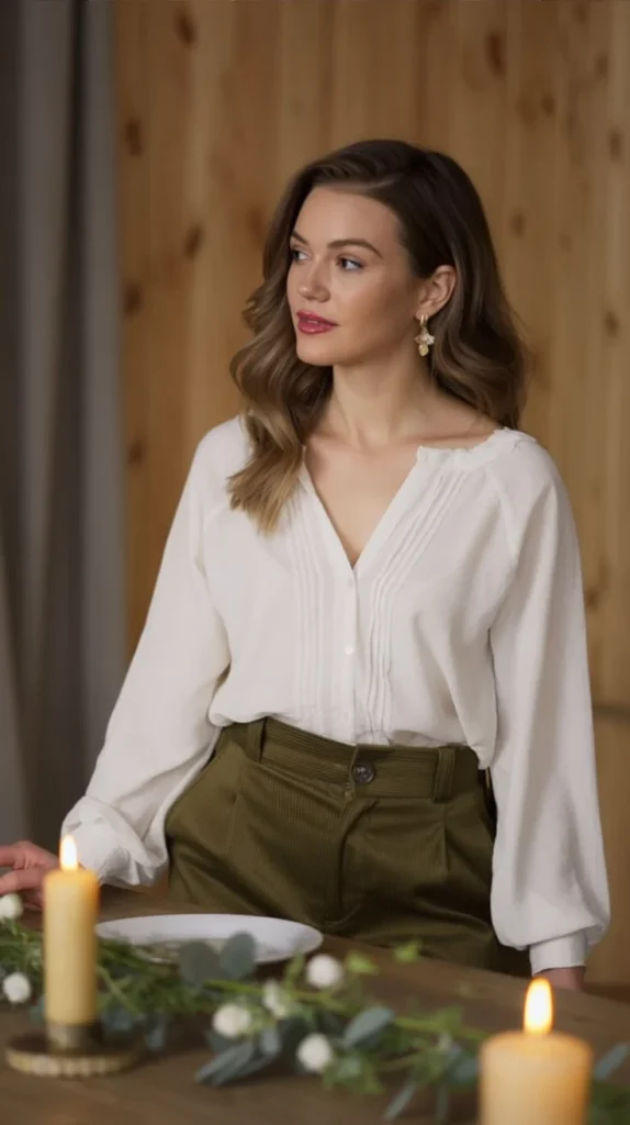 White Blouse and Corduroy Pants