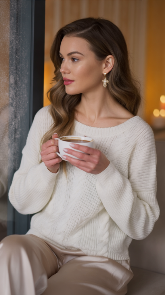 White Cashmere Sweater and Satin Pants