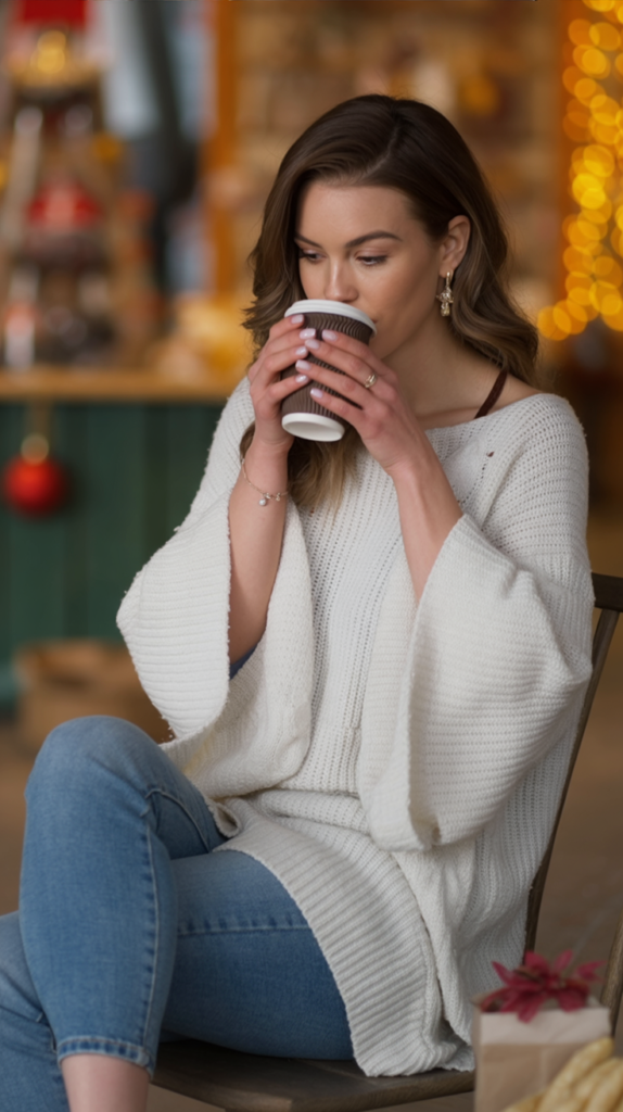 White Knit Poncho Over Skinny Jeans
