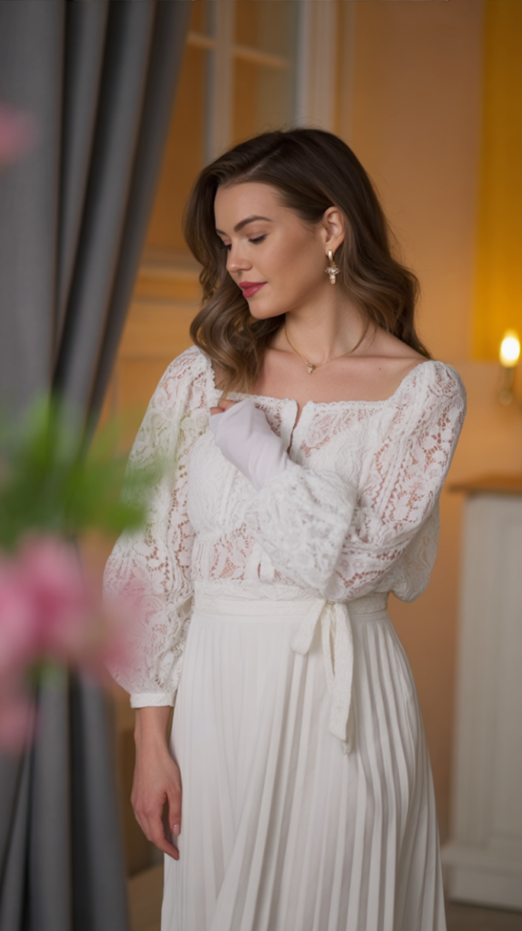 White Lace Blouse with Pleated Skirt