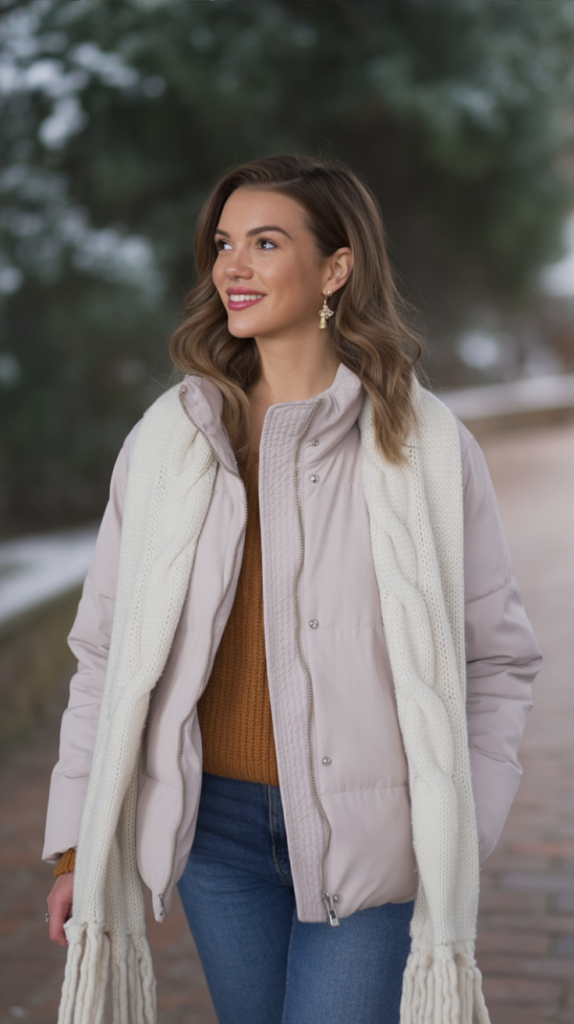 White Puffer Jacket with Knit Scarf