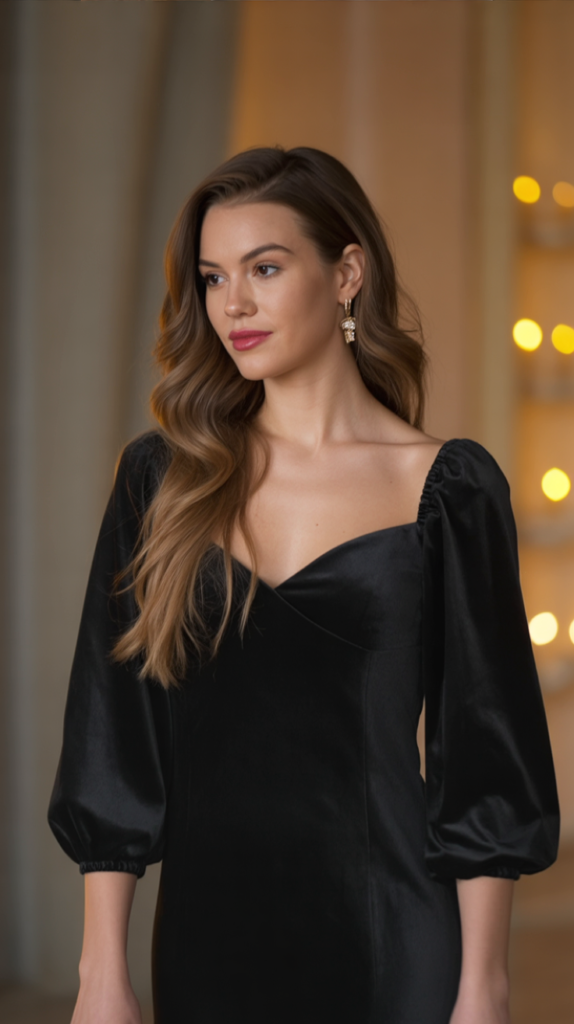 Black Knit Turtleneck Dress With Balloon Sleeves