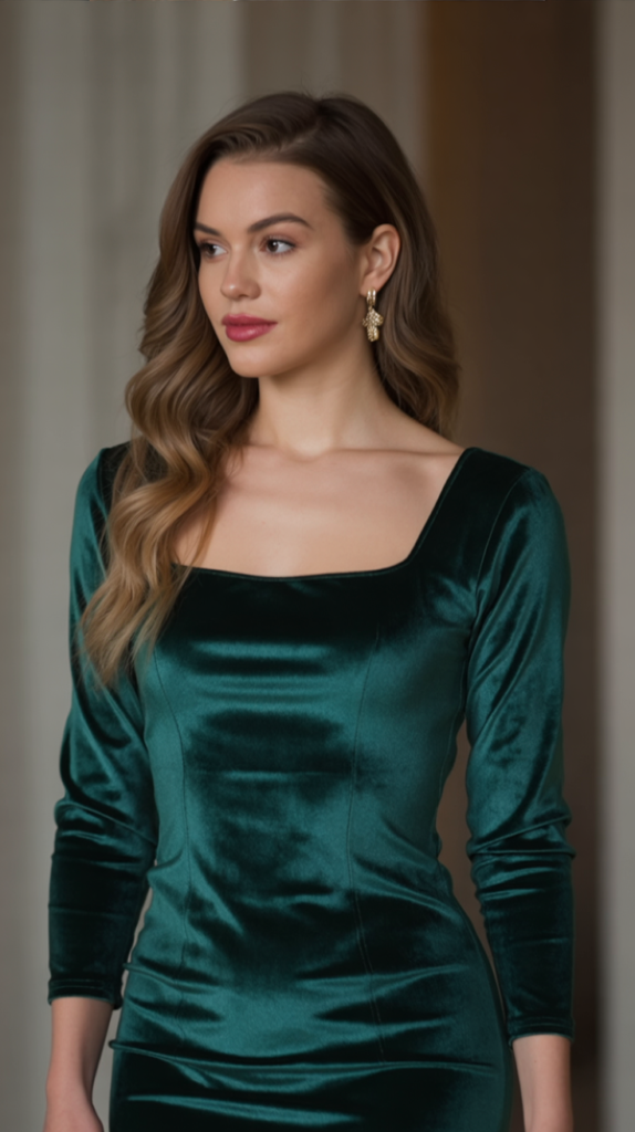 Deep Emerald Velvet Dress With Square Neckline