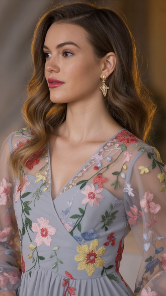 Floral Embroidered Sheer Sleeve Dress