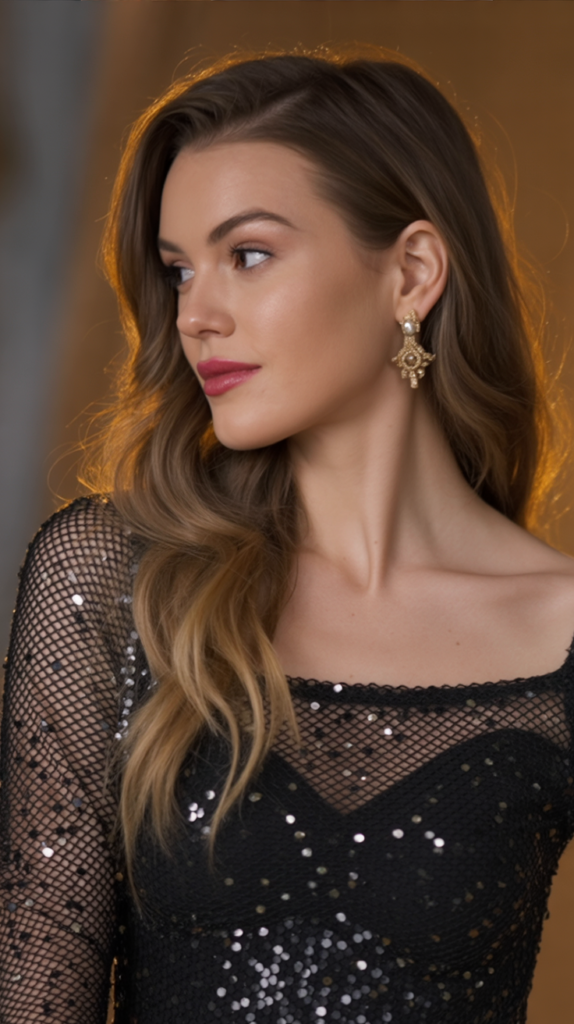 Glitter Black Mesh-Sleeve Mini Dress