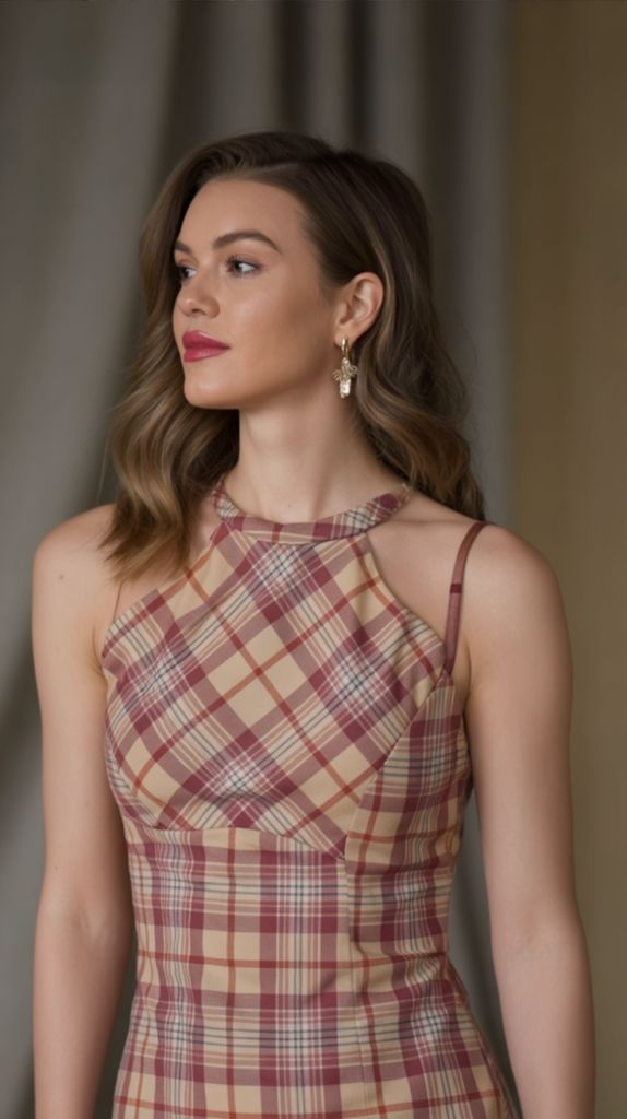 High-Neck Plaid Bodycon Dress