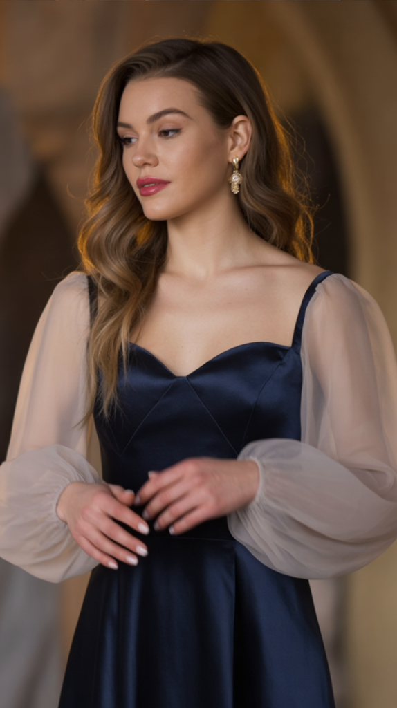 Navy Sheer Sleeve Fit-and-Flare Dress