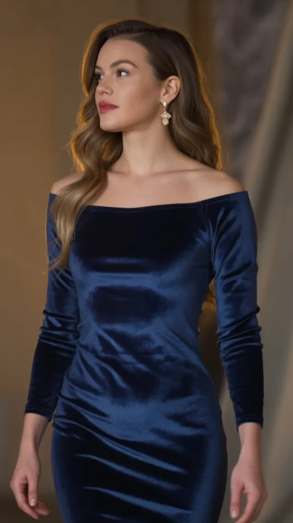 Off-Shoulder Midnight Blue Velvet Dress