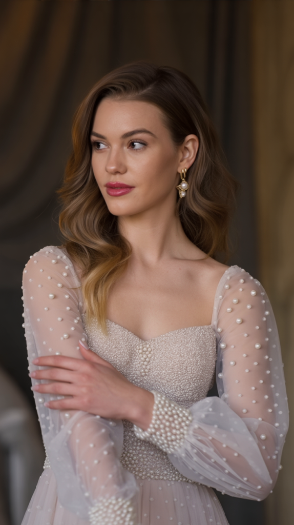 Pearl-Trimmed Sheer Sleeve Dress