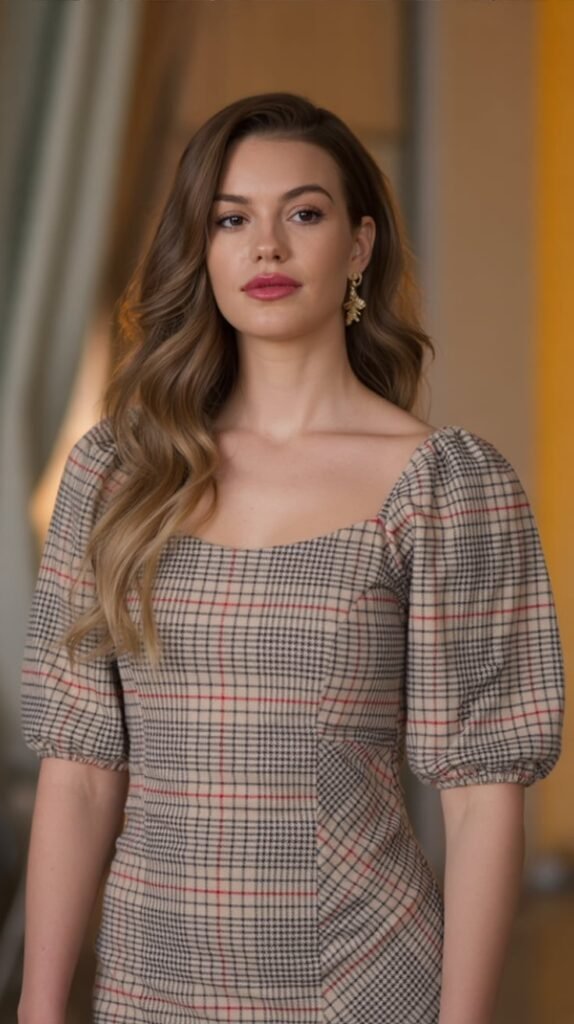 Puff-Sleeve Plaid Bodycon Dress