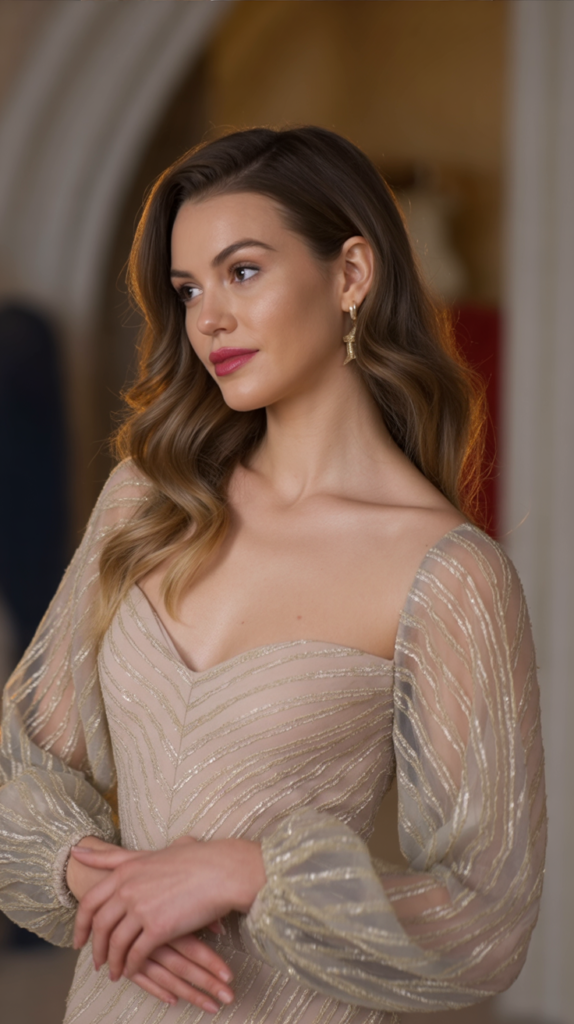 Sheer Sleeve Metallic Thread Dress