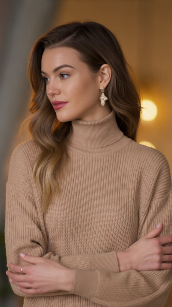 Soft Camel Knit Turtleneck Dress