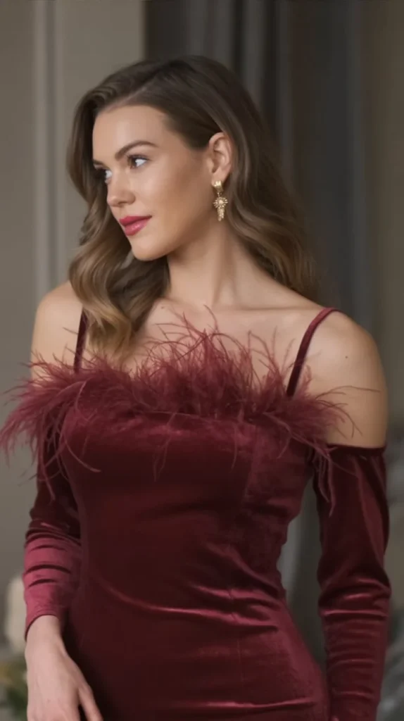Velvet Bodycon Dress With Feather Trim